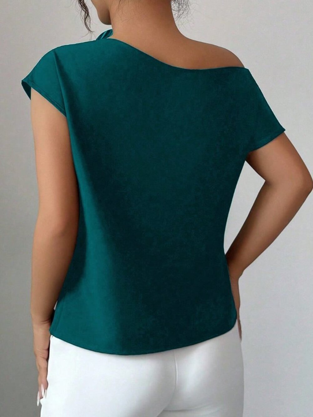 Teal Blue Casual Women's 3d Floral Decor Ruched Shoulder Blouse - Picture 2 of 4